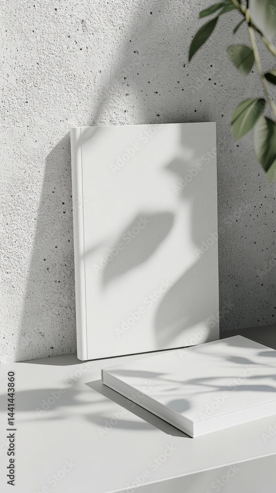 Poster minimalist blank book mockup against textured wall with leaf shadows creating a serene and inviting 