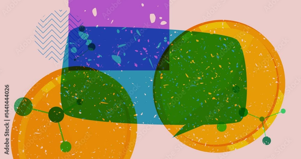 Poster risograph gold coin and speech bubble with geometric shapes animation. moving object in trendy riso 