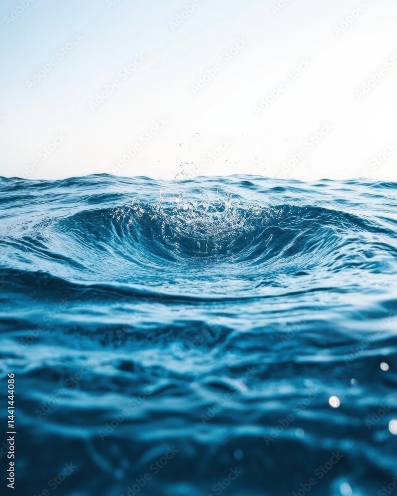 Poster serene ocean surface with a splash of water creating ripples under a clear sky reflecting light blue