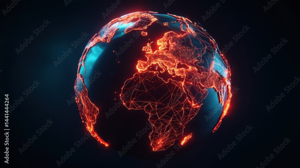 Poster a globe connected by a network of red and blue lines representing global fintech innovation and fina