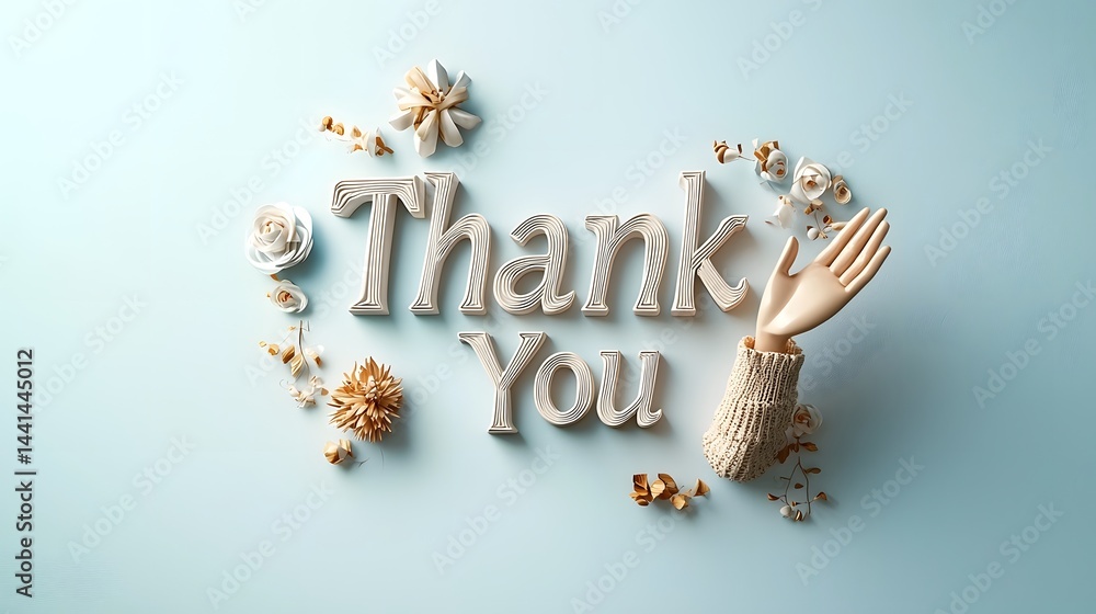 Poster elegant 3d thank you text in soft gray hues centered on an isolated bright white background with sub