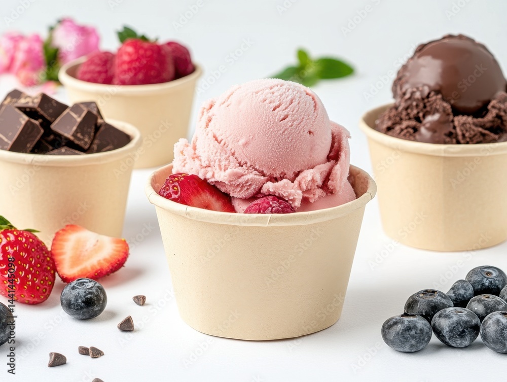 Poster delightful assortment of ice cream flavors in paper cups with fresh berries and chocolate chunks on 