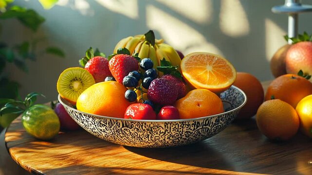 Colorful fruit bowl on wooden table with sunlight