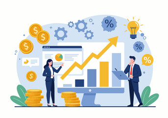 Flat illustration a business solution with professionals analyzing growth and success metrics. emphasizes business strategy and financial planning, showcasing positive trends and opportunities