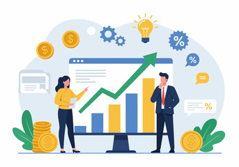 Flat illustration a business solution with professionals analyzing growth and success metrics. emphasizes business strategy and financial planning, showcasing positive trends and opportunities