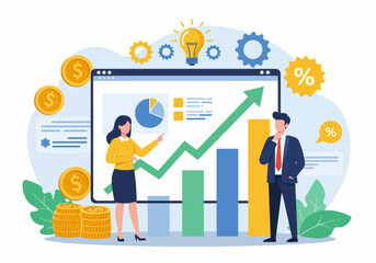 Flat illustration a business solution with professionals analyzing growth and success metrics. emphasizes business strategy and financial planning, showcasing positive trends and opportunities