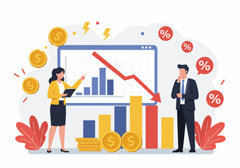Flat illustration of financial decline & market downturn, with professionals analyzing negative trends & economic challenges. emphasizes risk assessment and financial planning for loose and bankrupt