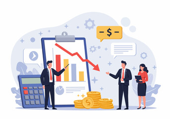 Flat illustration of a risk management for projects, showcasing a team analyzing financial data and potential losses or bankrupt. The image emphasizes a modern business approach to problem-solving