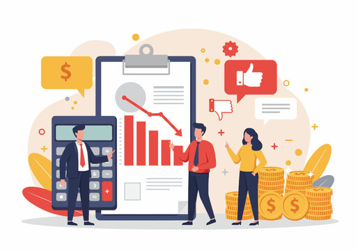 Flat illustration of a risk management for projects, showcasing a team analyzing financial data and potential losses or bankrupt. The image emphasizes a modern business approach to problem-solving