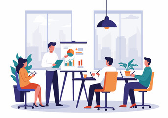 Flat illustration of a business meeting with a presenter explaining data on a whiteboard to colleagues. The scene is set in a modern office environment, highlighting teamwork, collaboration