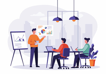 Flat illustration of a business meeting with a presenter explaining data on a whiteboard to colleagues. The scene is set in a modern office environment, highlighting teamwork, collaboration