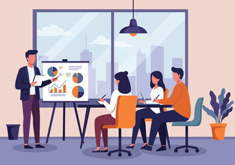 Flat illustration of a business meeting with a presenter explaining data on a whiteboard to colleagues. The scene is set in a modern office environment, highlighting teamwork, collaboration