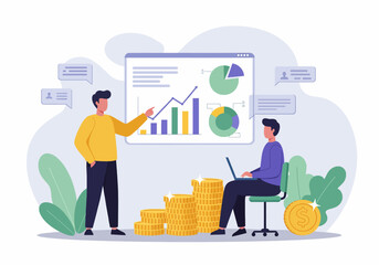 Flat vector illustration of two business professionals analyzing a chart and discussing financial growth. The scene includes coins and data points, emphasizing business strategy and economic analysis 
