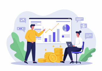 Flat vector illustration of two business professionals analyzing a chart and discussing financial growth. The scene includes coins and data points, emphasizing business strategy and economic analysis 