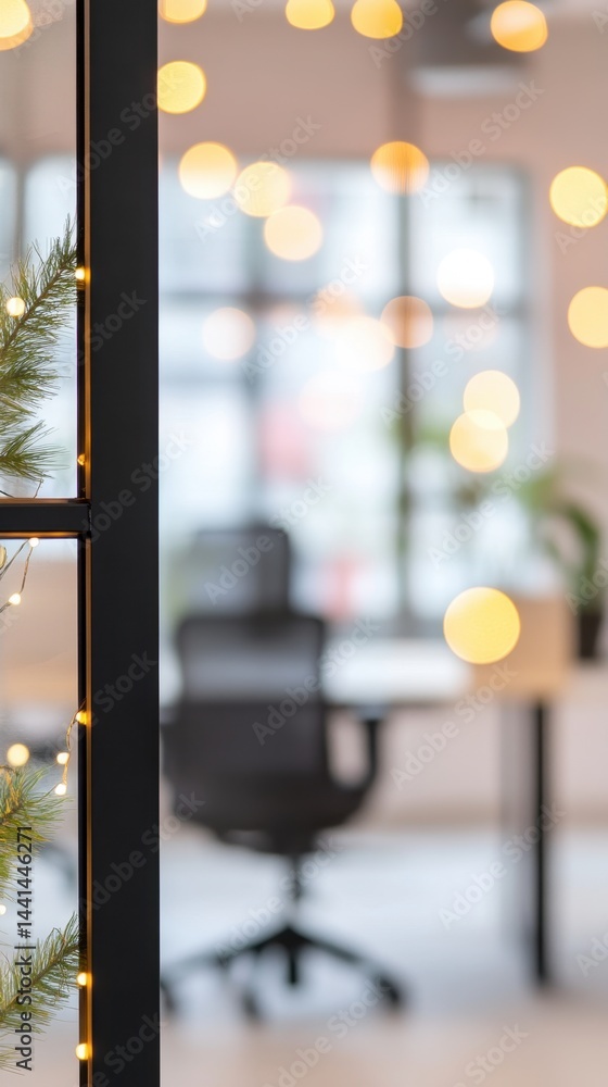 Poster festive office ambience with christmas lights and evergreen branch creating a cozy workspace environ