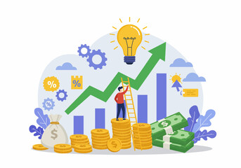 Flat vector illustration showing a businessman standing confidently atop a rising chart graph, symbolizing success and growth. The design includes elements like coins, a lightbulb representing ideas