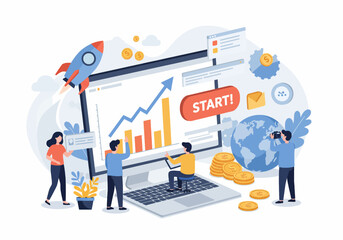 Flat vector illustration depicting a business startup and growth concept. A team collaborates around a large monitor displaying an upward trending graph, with a launching rocket symbolizing progress