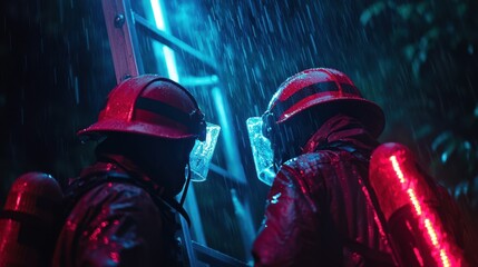 Obraz premium Firefighters climbing a ladder in stormy weather, battling strong winds and rain.