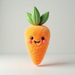 Cute fluffy carrot character with a smiling face and green leaves. 3D Emoji