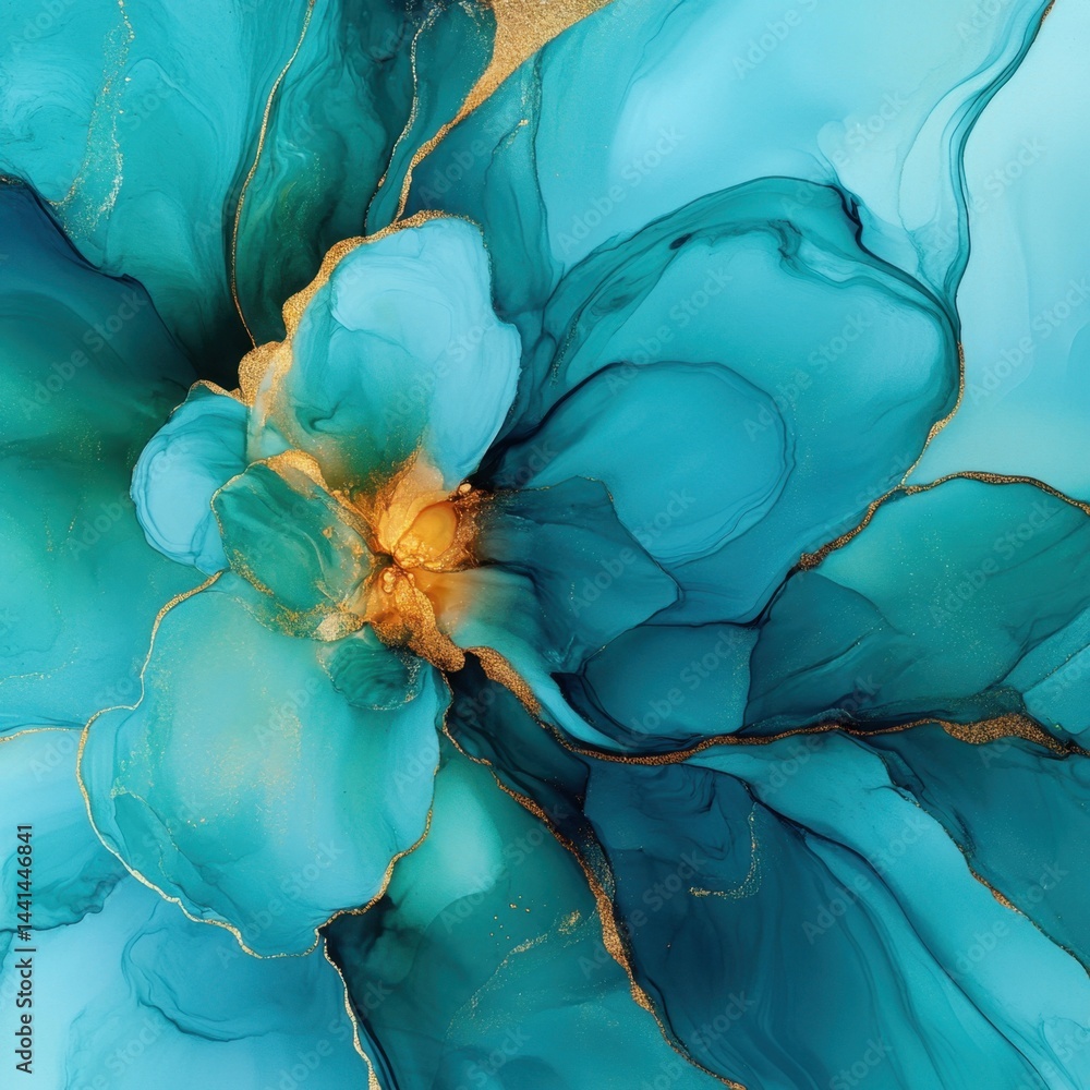 Poster abstract teal and gold ink painting with fluid art style creating a luxurious and calming visual eff