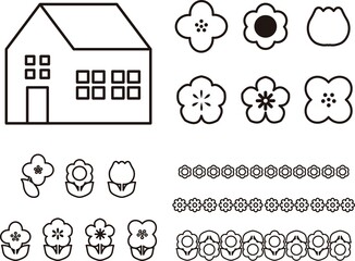 アイコン　家　花　飾り　あしらい　飾り罫　ピクトグラム　かわいい　線　ラインアイコン　イラスト素材