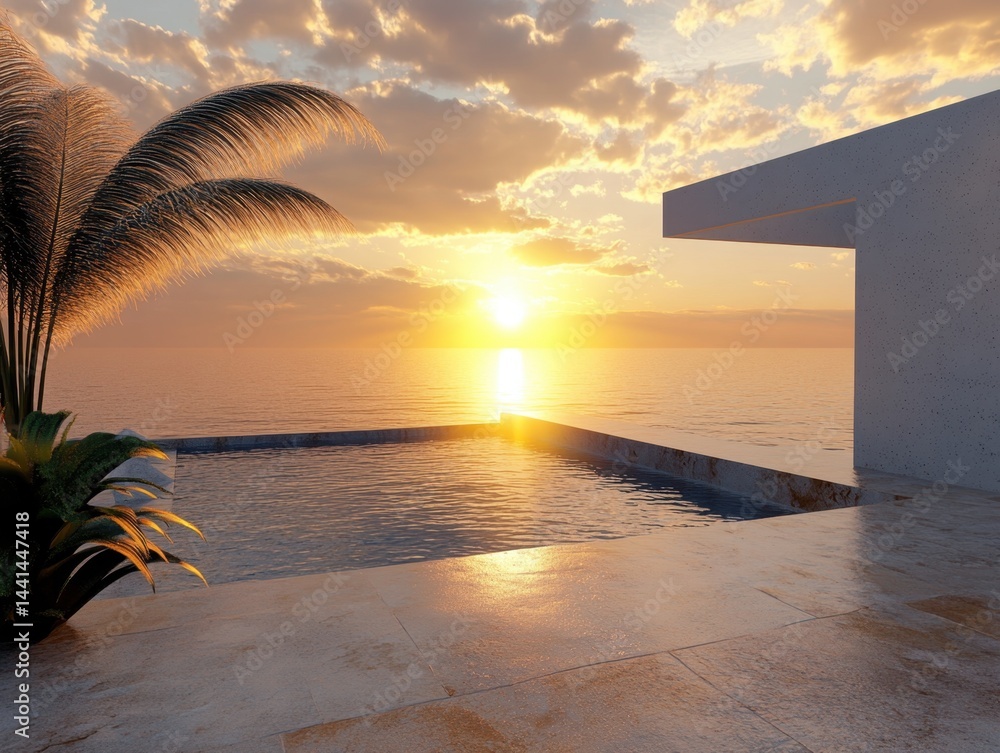 Aufkleber serene sunset over ocean view from infinity pool with palm tree and modern architecture evoking tran