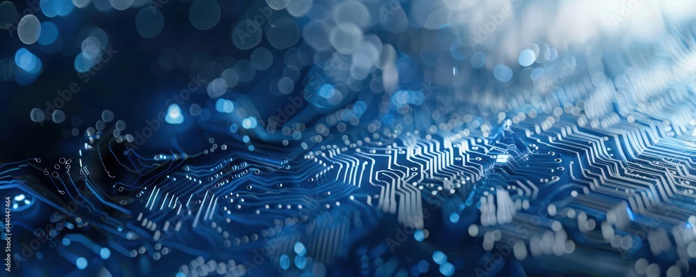 Poster close-up of a blue illuminated circuit board with electronic pathways and glowing bokeh lights evoki