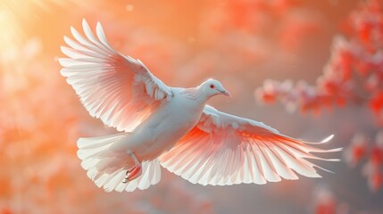 Fototapeta premium Ethereal white dove soars amidst a warm, dreamy floral backdrop