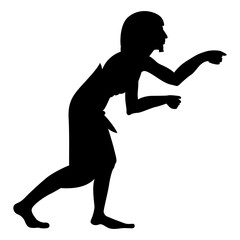 Ancient Egyptian man in profile in dynamic pose. Ethnic design. Black silhouette on white background.