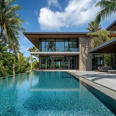 Fototapeta premium Serene tropical villa exterior with infinity pool reflecting blue sky and palm trees offering a luxurious and tranquil vacation retreat in a modern architectural style
