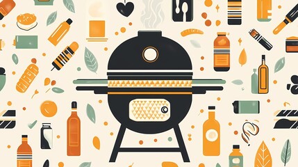 National Barbecue Month illustrated background, flat design with stylized BBQ grill, sauce bottles, charcoal, and smoke shapes, fun abstract food elements in warm rustic tones like burnt orange
