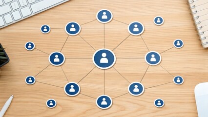 A network diagram of connected user icons on a wooden desk, representing communication, teamwork, or social networking, with office supplies nearby.