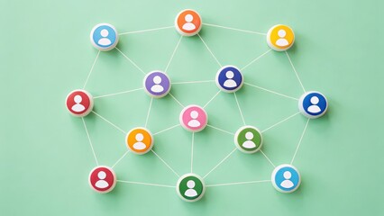 A network of colorful user icons connected by white lines on a green background, representing social or professional connections.