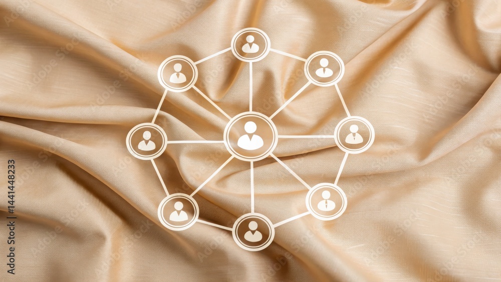 Poster a network of connected user icons is displayed over a beige fabric background, representing communic