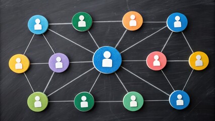 Colorful network diagram showing connected people icons on a chalkboard background, representing teamwork, communication, and social networking.
