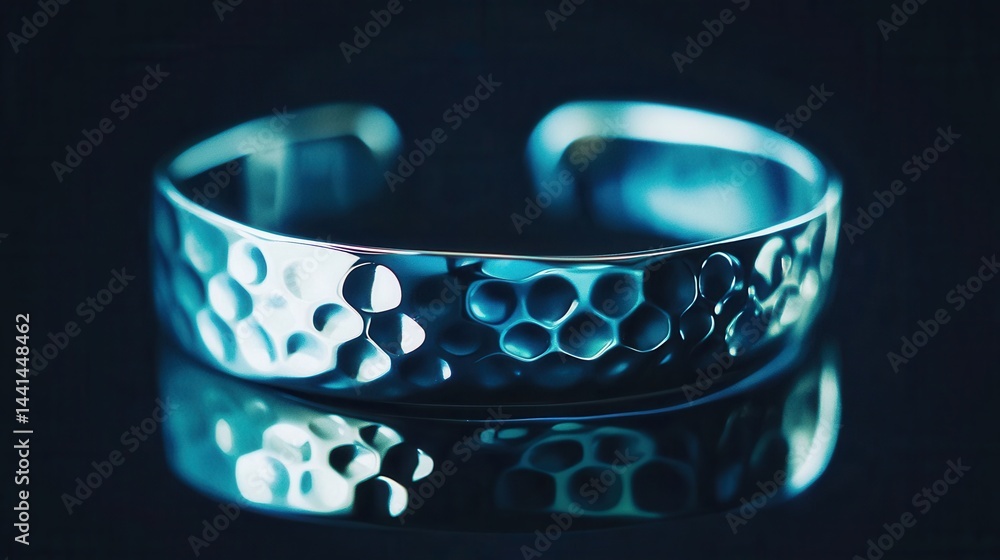 Poster elegant silver bracelet with a hammered texture reflecting on a dark surface creating a sophisticate