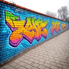 Fototapeta premium Colorful Graffiti Mural on Blue Brick Wall