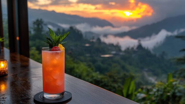 Exotic cocktail served on a wooden bar top with a mountainous sunset backdrop