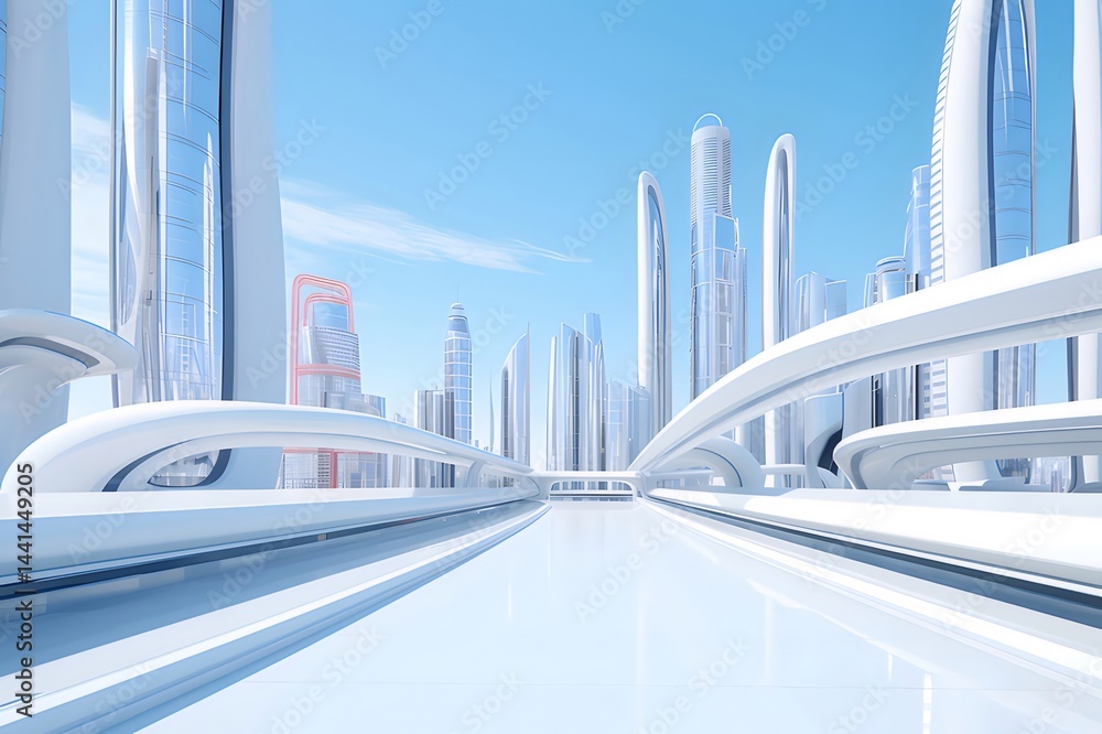 Poster 未来的な白い都市のパノラマビュー 明るい青い空の下の未来的な建築の光景