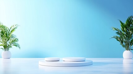 Minimalist product display with white podiums and plants