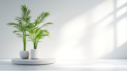 Modern minimalist interior with vibrant plants. Two potted palm trees sit on a circular white stand in a bright, clean room. Sunlight streams in, casting soft shadows on the white wall