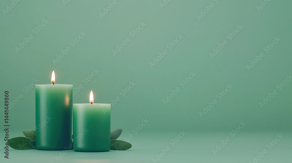 Poster two green candles are lit with small flames, placed on a matching green surface and background, crea