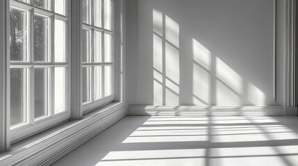 Obraz premium Minimalist White Room Interior with Window Sunlight and Long Shadows
