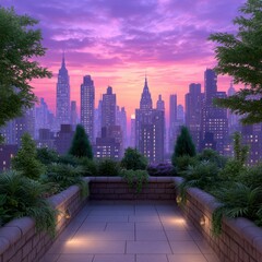 Rooftop Garden Cityscape at Sunset Purple and Orange Hues