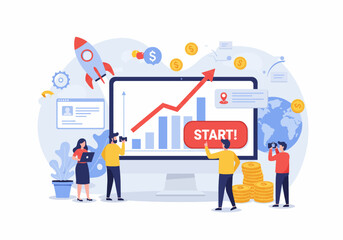 Flat vector illustration depicting a business startup and growth concept. A team collaborates around a large monitor displaying an upward trending graph, with a launching rocket symbolizing progress