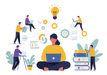 Flat vector illustration showcasing a central figure surrounded by smaller individuals engaged in various business activities and communication. Symbolic icons of ideas, data analysis, and teamwork