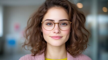A young professional woman with glasses smiling confidently in a modern office setting, natural light illuminating her face, and business portrait concept.