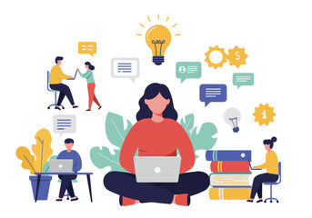 Flat vector illustration showcasing a central figure surrounded by smaller individuals engaged in various business activities and communication. Symbolic icons of ideas, data analysis, and teamwork