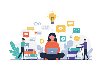 Vibrant flat illustration a diverse team of three professionals engaged in online collaboration. Each is working on a laptop, surrounded by subtle design elements modern business environment