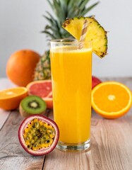 Fototapeta premium freshly squeezed mixed tropical fruit juice in tall glass